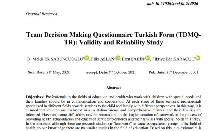 Publication "Team Decision Making Questionnaire Turkish Form (TDMQTR): Validity and Reliability Study"